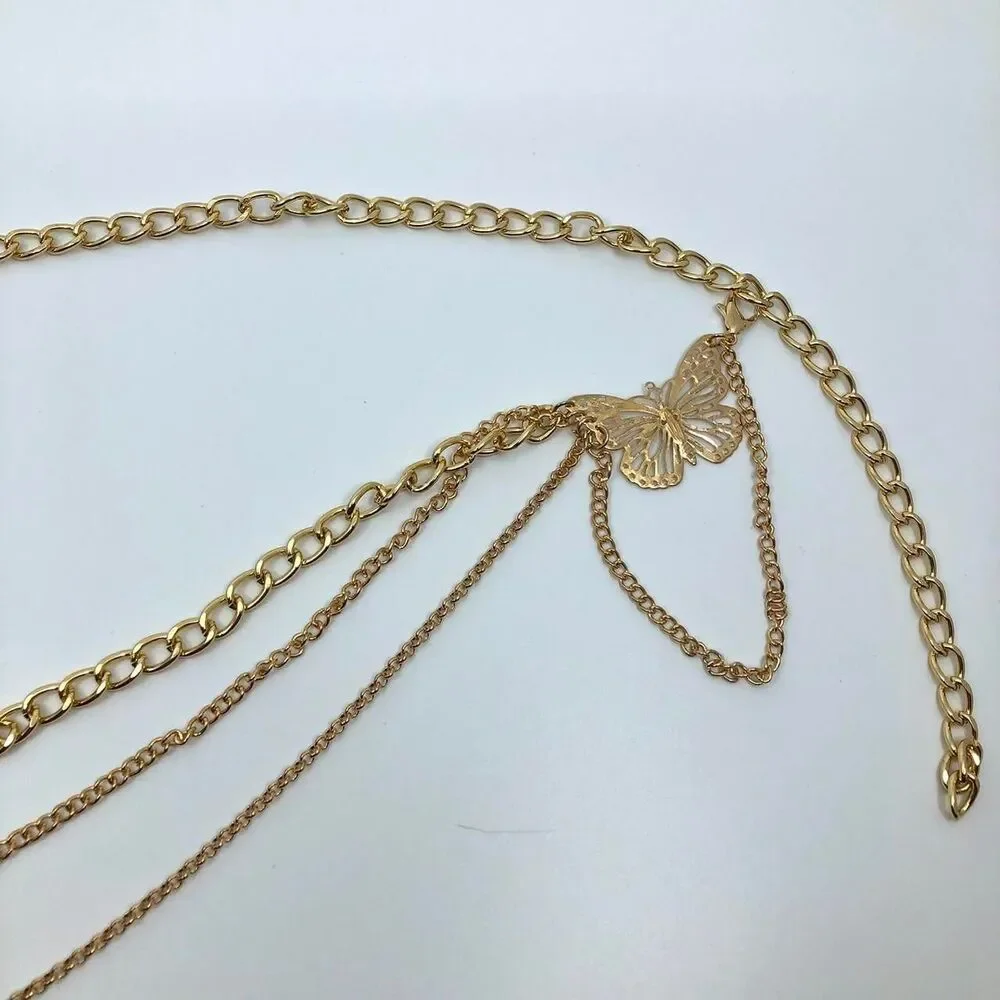 Women's Gold Butterfly Layered Chain Belt, 37 Inches, X7G9A1047